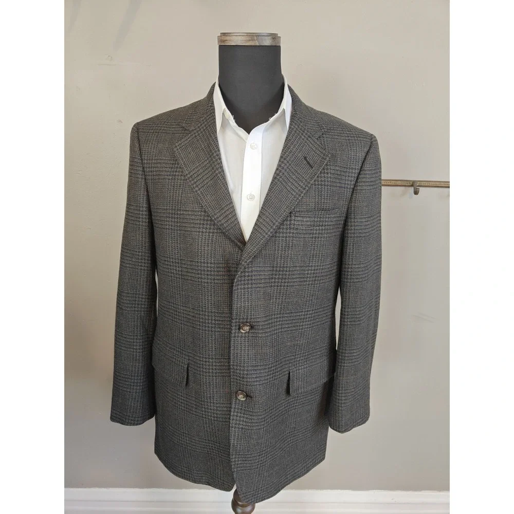 Jos A Bank Mens Vintage Wool Plaid Sport Coat 43R Olive Blue USA Made Blazer